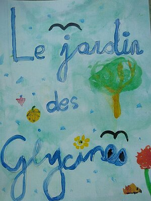 Dessin d’enfant sur lequel il est écrit « Jardin des Glycines »