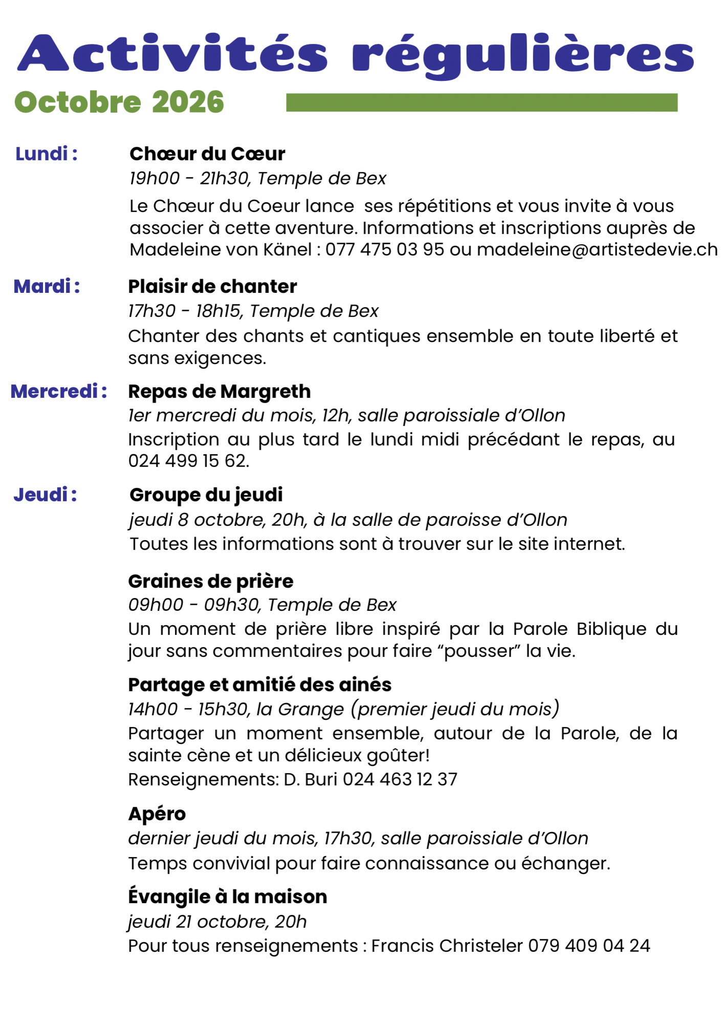 Activités régulières