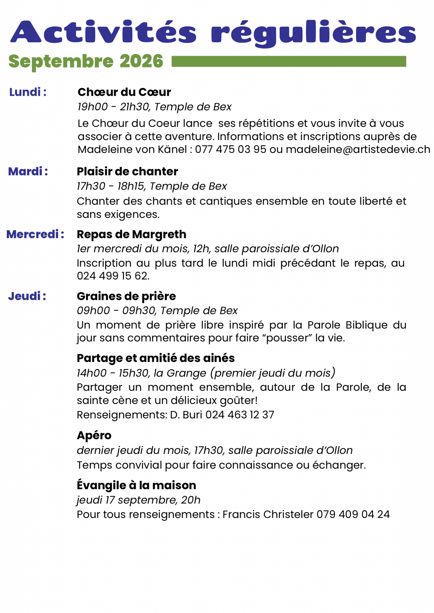 Activités régulières