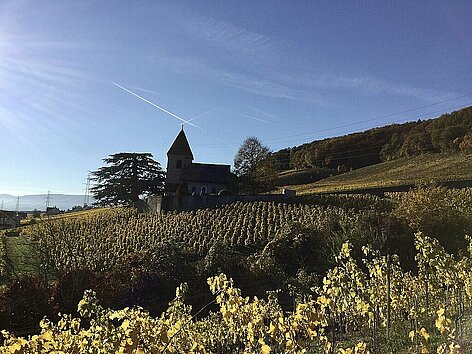 Les tracent d'avions forment une croix au dessus d'une église