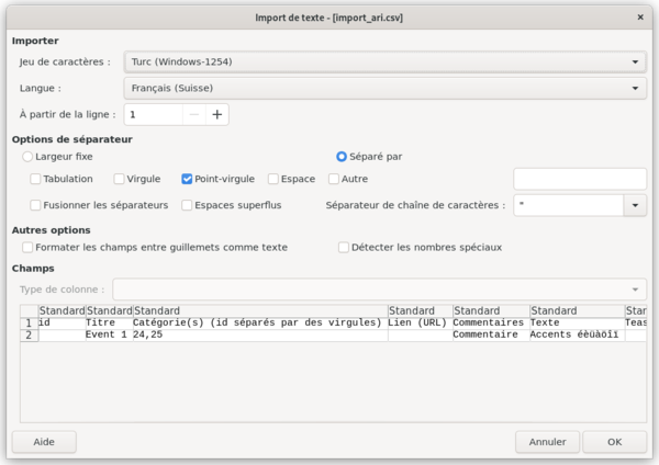 Options à l'ouverture d'un fichier CSV avec LibreOffice
