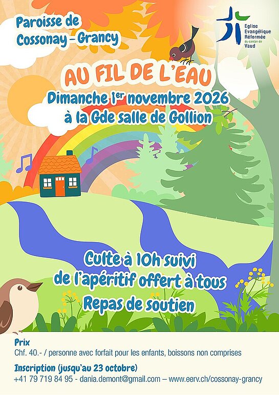 Flyer de la fête de paroisse « Au fil de l'eau », dimanche 1er novembre 2026 à Gollion