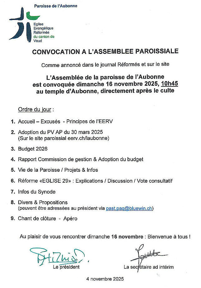 Convocation à l'assemblée paroissiale du 16 novembre 2025