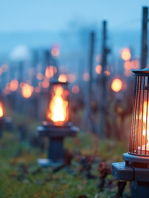 Numerous outdoor lamps illuminate an expansive agricultural field, likely a vineyard, during the twilight hours. The primary subject is a close-up of one such lamp in the foreground, featuring a black slatted design encasing a warm, glowing orange light. Rows of similar lamps extend into the blurred background, creating a beautiful bokeh effect against the cool, blueish hues of the distant landscape. The ground is covered in green vegetation, indicating an outdoor setting. This atmospheric image could be used for editorial content related to agriculture, frost protection, or as commercial imagery evoking a serene evening ambiance in a rural environment.