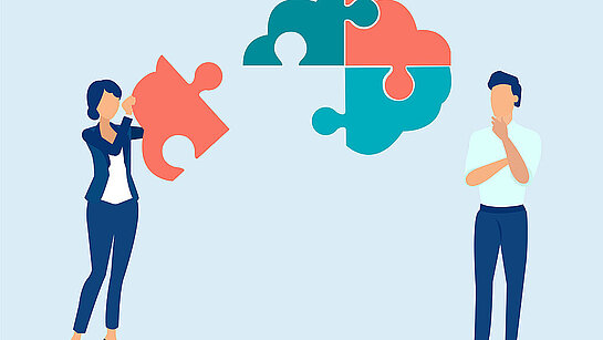 Vector of a young man and a woman assembling together a puzzle