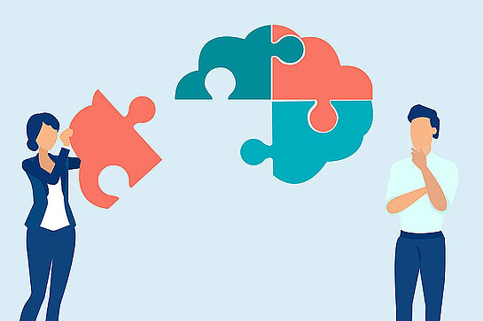 Vector of a young man and a woman assembling together a puzzle