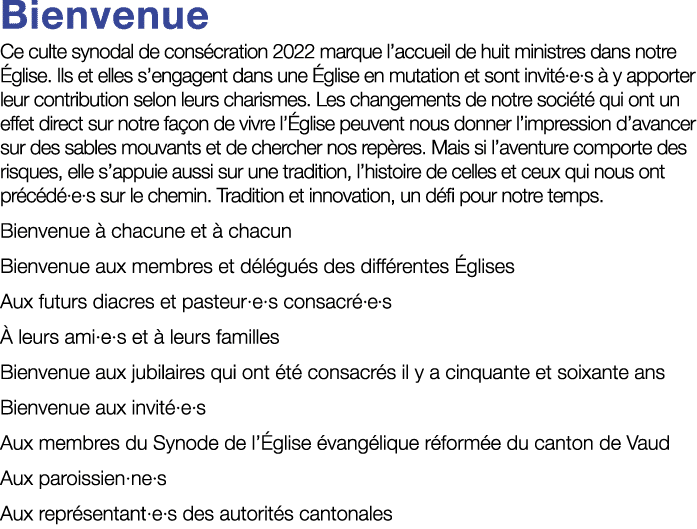 Bienvenue Ce culte synodal de consécration 2022 marque l accueil de huit ministres dans notre Église  Ils et elles s    